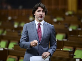 Prime Minister Justin Trudeau rises during question period in the House of Commons on Parliament Hill in Ottawa on Wednesday, May 26, 2021.