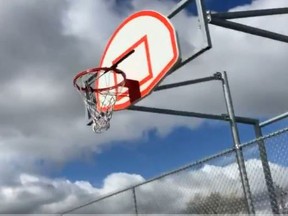 A disabled basketball net at the Pheasant Run court in Mississauga.