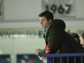 Toronto Maple Leafs general manager Kyle Dubas watches his team work earlier this season.