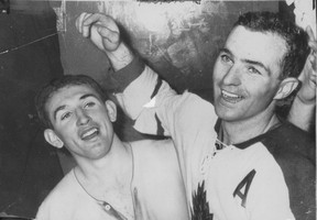 Leafs teammates Bob Nevin, left, and Dick Duff scored the goals in their 2-1 Game 6 win over the Chicago Black Hawks in 1962, sealing the Stanley Cup for the Blue and White. SUN FILES.