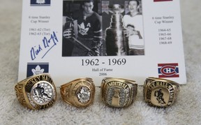 The legendary Dick Duff shows off his memorabilia, including Stanley Cup and Hockey Hall of Fame rings. JACK BOLAND/TORONTO SUN