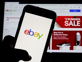 The eBay logo is pictured on a phone screen in this photo illustration in New York, July 23, 2019.