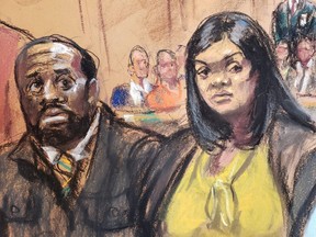 Michael Thomas and Tova Noel appear on charges they falsely certified to having conducted inmate counts during Jeffrey Epstein's final hours at the Federal Court in New York City, Nov. 25, 2019 in this courtroom sketch.