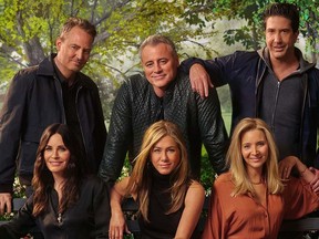 Clockwise from top left: Matthew Perry, Matt LeBlanc, David Schwimmer, Lisa Kudrow, Jennifer Aniston, and Courteney Cox return to Friends' original soundstage, Stage 24, on the Warner Bros. Studio lot in Burbank for an unscripted celebration of the iconic NBC series.