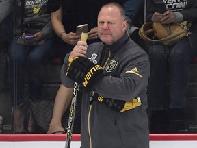 Gerard Gallant of the Vegas Golden Knights looks on during the team's practice on May 23, 2018 in Las Vegas.