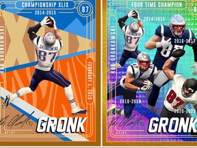 Tampa Bay Buccaneers tight end Rob Gronkowski features as the first pro athlete to release NFT trading cards, in a combination of images.
