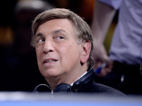 Television personality Marv Albert looks on during a Premier Boxing Champions bout in the MGM Grand Garden Arena on March 7, 2015 in Las Vegas, Nevada.