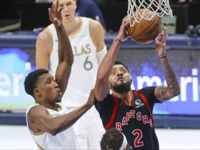 Toronto Raptors guard Jalen Harris (right) recorded a career-high 31 points against the Dallas Mavericks on May 14, 2021.