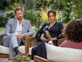 Prince Harry and Meghan, Duchess of Sussex, are interviewed by Oprah Winfrey in this undated handout photo.