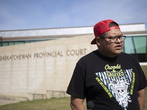 Brett Herman, half brother of the deceased Braden Herman, speaks to the media outside the Saskatchewan Provincial Courthouse in Prince Albert, Sask., on Tuesday, May 13, 2021.