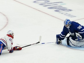 Montreal Canadiens forward Paul Byron (41) scores the game-winning goal on Toronto Maple Leafs goaltender Jack Campbell (36) during the third period of game one of the first round of the 2021 Stanley Cup Playoffs at Scotiabank Arena.