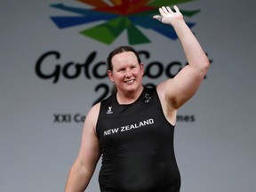 Laurel Hubbard of New Zealand waves during the 2018 Gold Coast Commonwealth Games in Australia.