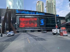 Maple Leafs Square sits empty during Game 1 of the Maple Leafs' Stanley Cup series against the Montreal Canadiens in Toronto on Thursday, May 20, 2021.
