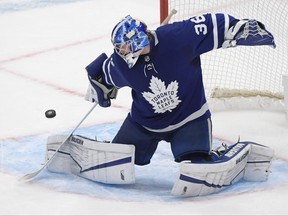 Toronto Maple Leafs goalie Jack Campbell makes a save against the Montreal Canadiens in the third period at Scotiabank Arena in Toronto, May 8, 2021.