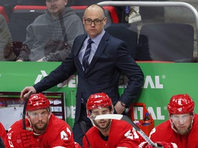 In this Feb. 26, 2019, file photo, Detroit Red Wings head coach Jeff Blashill watches against the Montreal Canadiens.