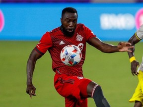 Toronto FC forward Jozy Altidore receives a pass during MLS action against the Columbus Crew FC at Orlando City Stadium in Orlando, Fla., May 12, 2021.