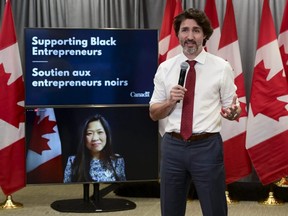 Prime Minister Justin Trudeau is joined virtually by Minister of Small Business, Export Promotion and International Trade Mary Ng as they take part in an event in Ottawa on Monday, May 31, 2021.