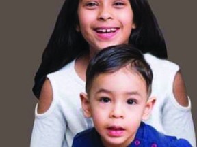 Two children, Anaya, 10, and her brother Jax, 4, were on the driveway at their Athabasca Dr. home on Sunday when they were struck by a fast-moving black Mercedes that went off the road, hitting the children and a neighbour who was helping to fix a bike. FACEBOOK PHOTO
