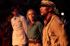 (L-R): Jack Whitehall as Macgregor, Emily Blunt as Lily and Dwayne Johnson as Frank in Disney’s Jungle Cruise.