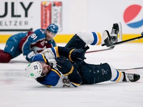 Avalanche centre Nazem Kadri watches Justin Faulk hit the ice in the aftermath of his hit on the Blues defenceman in Game 2 of their playoff series on Wednesday night. USA TODAY