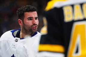 Then-Maple Leaf Nazem Kadri reacts after a fight with the Bruins’ Jake DeBrusk during their first-round series in 2019. Kadri was suspended for a cross-check to DeBrusk’s neck, hurting Toronto’s chances of beating Boston. GETTY IMAGES FILE