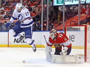 Alex Killorn of the Tampa Bay Lightning screens Sergei Bobrovsky of the Florida Panthers during Game One on May 16, 2021 in Sunrise, Florida.