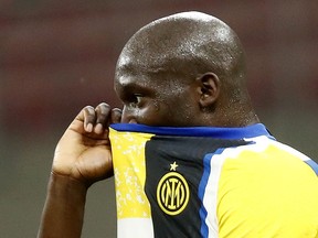Inter Milan's Romelu Lukaku reacts after the match against AS Roma on May 12, 2021.