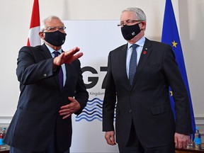 European High Representative of the Union for Foreign Affairs, Josep Borrell, left,  meets Foreign Affairs Minister Marc Garneau ahead of a bilateral meeting during the G7 Foreign and Development Ministers at Lancaster House on May 4, 2021 in London.