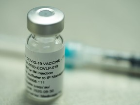 A vial of a plant-derived COVID-19 vaccine candidate, developed by Medicago, is shown in Quebec City on Monday, July 13, 2020 as part of the company’s Phase 1 clinical trials in this handout photo.