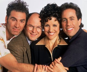 Pictured: (l-r) Michael Richards as Cosmo Kramer, Jason Alexander as George Costanza, Julia Louis-Dreyfus as Elaine Benes, Jerry Seinfeld as Jerry Seinfeld