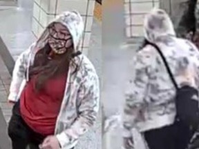 Images released by Toronto Police of a woman sought in an assault at Yonge-Bloor subway station on May 2, 2021.