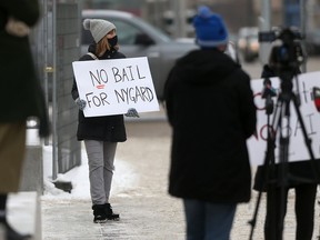 A group of people assembled near the law courts in Winnipeg to oppose a bail application made by lawyers representing accused pedophile, human trafficker, and racketeer Peter Nygard.