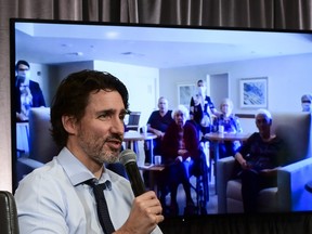 Prime Minister Justin Trudeau participates in a virtual discussion from Ottawa on Monday, May 3, 2021, with residents from Shannex’s Losier Hall in Miramichi, New Brunswick