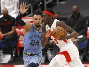 Toronto Raptors forward Pascal Siakam drives to the basket against Canadian Memphis Grizzlies forward Dillon Brooks.
