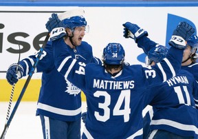 Young Maple Leafs defenceman Rasmus Sandin celebrates his goal in Game 2. However, he was benched in Game 5 after committing a pair of bad turnovers. USA TODAY SPORTS