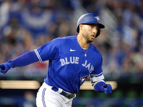 Blue Jays designated hitter George Springer rounds the bases after hitting a two-run home run against the Atlanta Braves in the third inning at TD Ballpark in Dunedin on May 1, 2021. NATHAN RAY SEEBECK/USA TODAY SPORTS