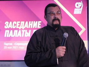 Steven Seagal attends a meeting of the "A Just Russia - For Truth" party in Moscow, Russia May 29, 2021.