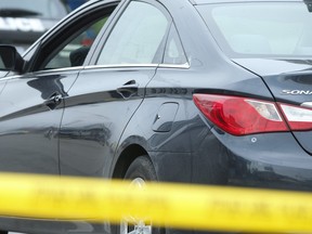 A Hyundai Sonata was that was sprayed with gunfire at Lake Shore Blvd West and 37th St. on Monday, May 3, 2021.
