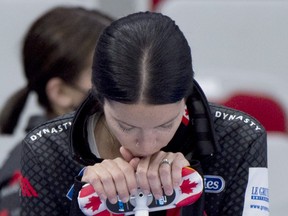 Team Canada skip Kerri Einarson reacts after her team's 8-5 loss to Switzerland at the world women's curling championship in Calgary on May 1, 2021.