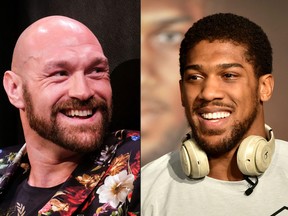 This combination of pictures shows Boxer Tyson Fury, left, during a press conference in Los Angeles, Calif. on Jan. 25, 2020, and British heavyweight boxer Anthony Joshua during a press conference in Ad Diriyah, a Unesco-listed heritage site, outside Riyadh, on Dec. 4, 2019.