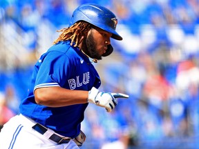 Blue Jays' Vladimir Guerrero Jr. rounds the bases after a solo home run in the eighth inning against the Philadelphia Phillies at TD Ballpark on May 16, 2021 in Dunedin, Fla.