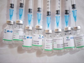 Doses of the Chinese Sinopharm vaccine against COVID-19 are seen at the Biblioteka kod Milutina restaurant in Kragujevac, Serbia, May 4, 2021, in an offer to promote vaccination and contribute to the reopening of cafes, restaurants and bars.