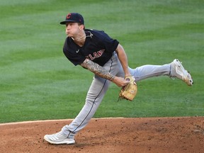 Cleveland Indians starting pitcher Zach Plesac throws against the Los Angeles at Angel Stadium.