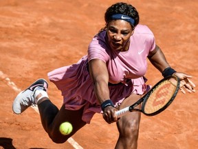 US Serena Williams returns a shot to Argentina's Nadia Podoroska during their match of the Women's Italian Open at Foro Italico on May 12, 2021 in Rome.