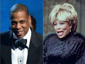 This combination of pictures created on May 12, 2021 shows
Winner For Best Rap/Sung Collaboration Jay Z during the 56th Grammy Awards at the Staples Center in Los Angeles, California, January 26, 2014, and US singer Tina Turner presenting her single "GoldenEye" for the James Bond film of the same name in Paris on November 22, 1995.