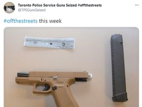 A Glock 19 handgun, seized by Toronto police, fitted with an aftermarket sear switch allowing the semi-automatic pistol to fire full-auto