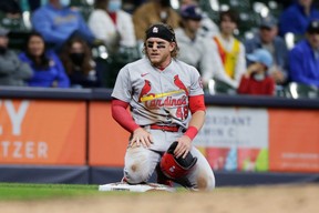 Harrison Bader of the St. Louis Cardinals looks on from third base after sliding in safely during the eighth inning against the Brewers at American Family Field on May 11, 2021 in Milwaukee, Wisc. (John Fisher/Getty Images)