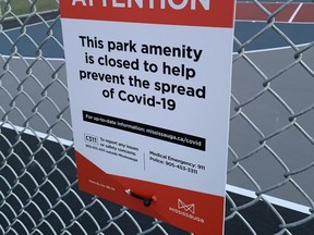 The basketball nets at Pheasant Run Park near Glen erin Dr. and Burnhamthorpe Rd. W., in Mississauga, has been boarded up to ensure nobody can drain a bucket during the province-wide COVID-19 lockdown.