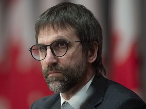 Minister of Canadian Heritage Steven Guilbeault watches a speaker via videoconference during a news conference in Ottawa, Friday, April 17, 2020.