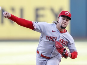 Luis Castillo of the Cincinnati Reds pitches against the Cleveland Indians during the first inning at Progressive Field on May 08, 2021 in Cleveland, Ohio.